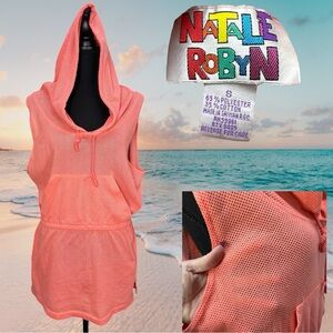 Vintage 90's Natalie Robyn Bright Coral Fishnet Hooded pullover Swim Cover Sz Sm